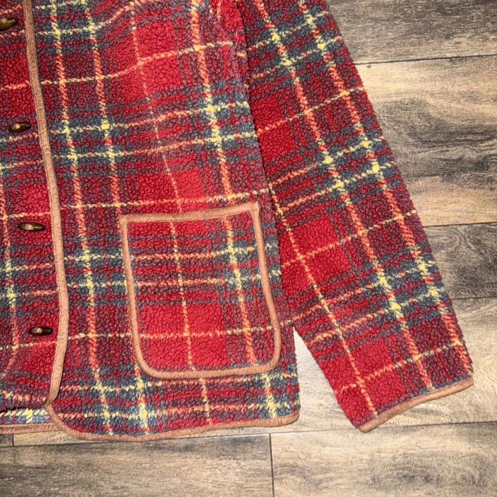 Orvis Deep-Pile Fleece Jacket Red Coat Plaid Women's Size L Toggle Front - Picture 2 of 8